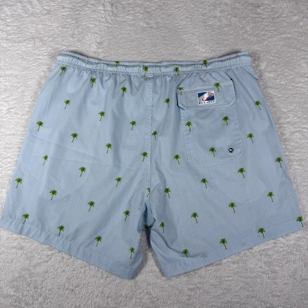 Bermies Swim Trunks Mens L Blue White Striped Palm Tree Stretch Mesh Lining